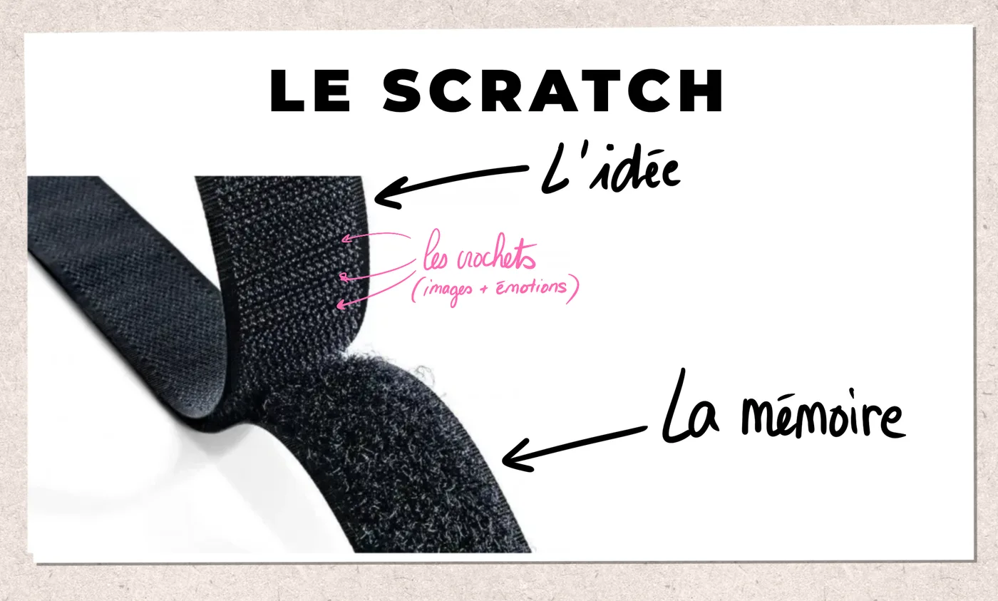 Le scratch : une bande de velcro. D’un côté l’idée, de l’autre la mémoire ; les crochets sont les images et les émotions.